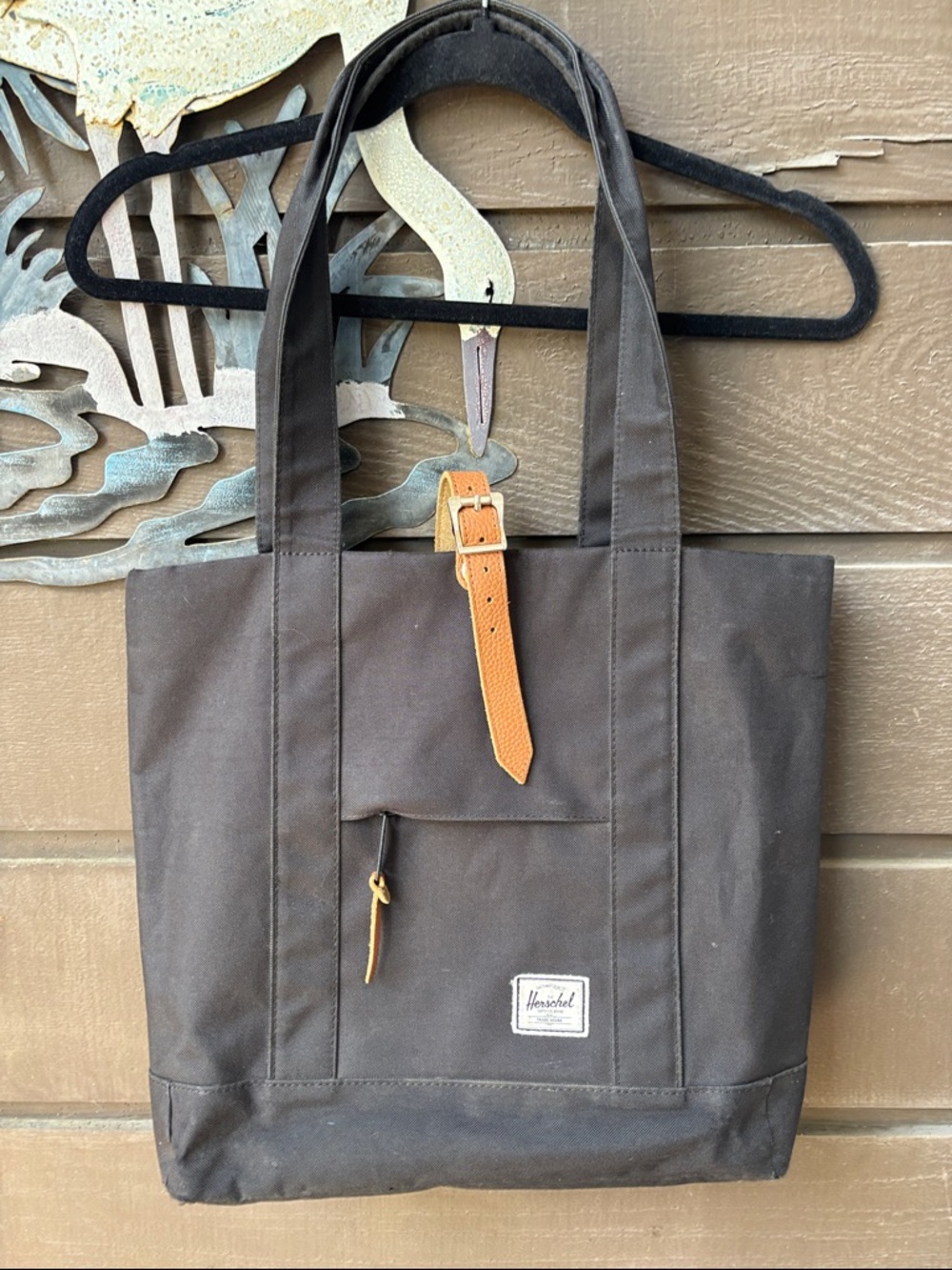 Herschel Supply Company Black Canvas Bag Tote with Tan Leather Strap - Picture 2 of 11